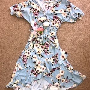Light Blue Floral Ruffle Wrap Dress
